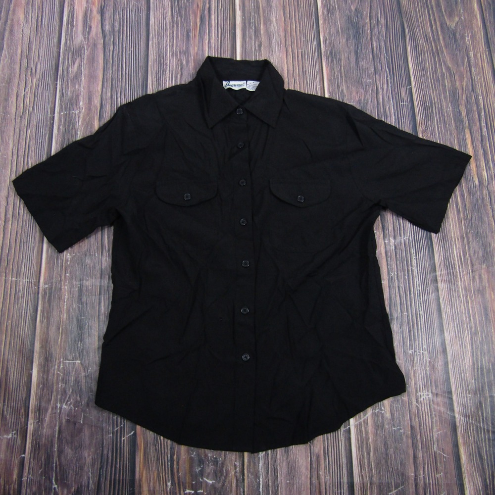 Joanna Button Down Shirt Womens Small Black Short Sleeve Pocket Granny Top 90s